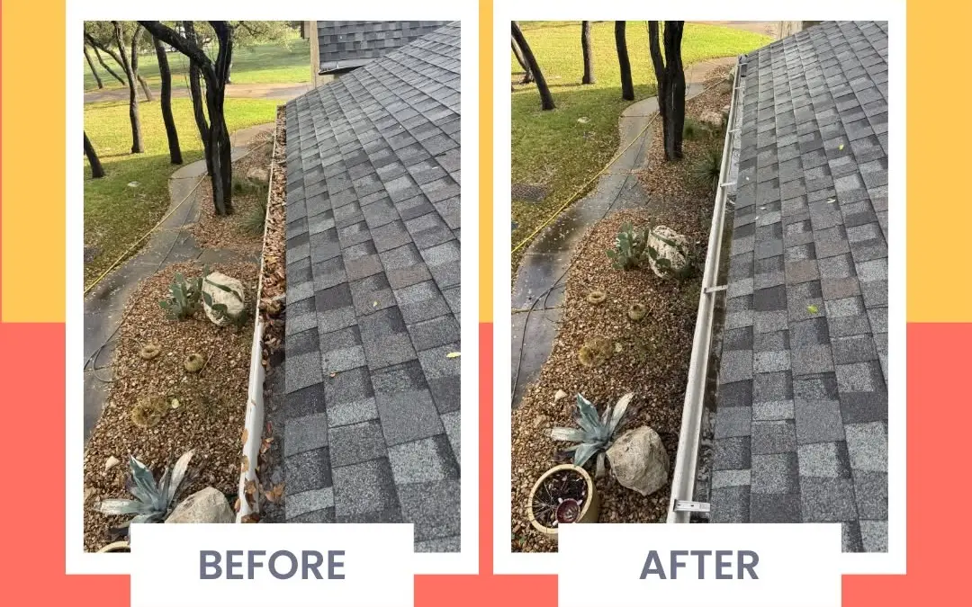 Gutter before and after cleaning on an Austin home - packed leaf debris cleared from the run