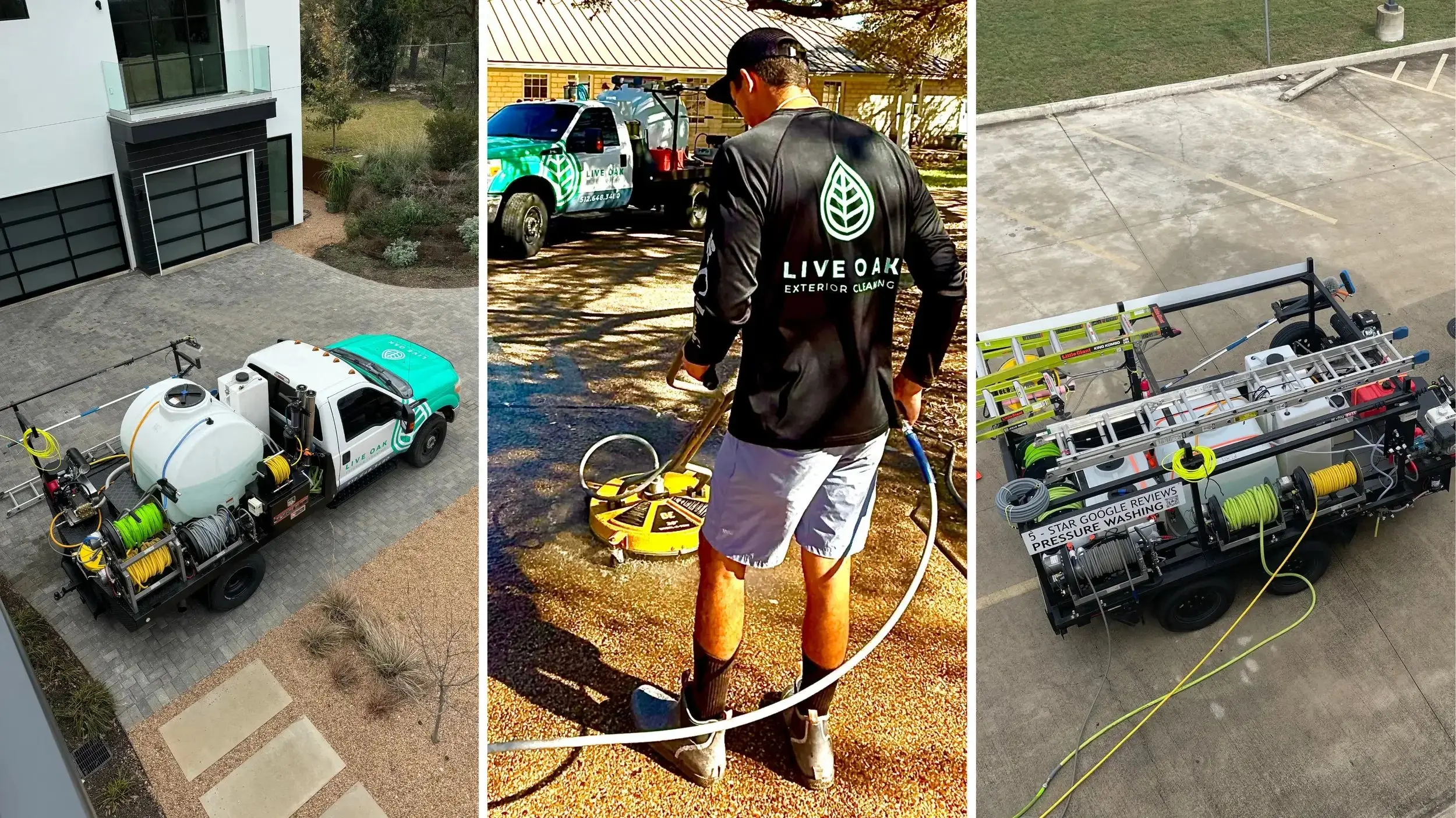 Live Oak crew pressure washing a driveway, soft washing a Hill Country home, and the company rig loaded for a job