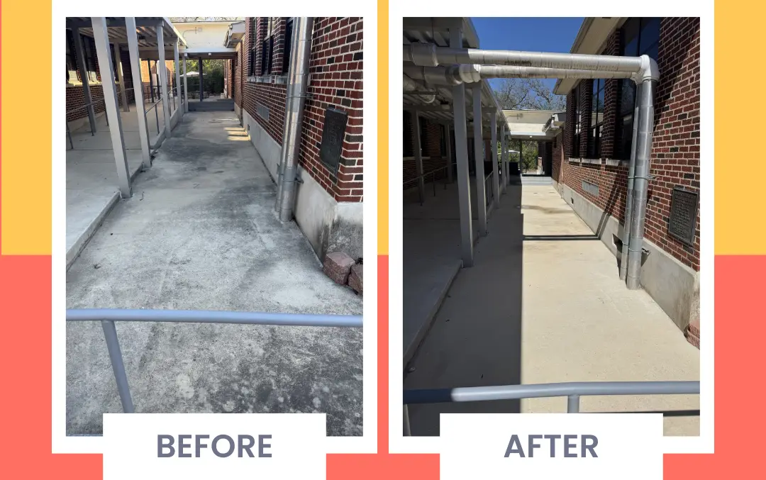 Covered concrete breezeway before and after pressure washing - grey buildup removed from the slab