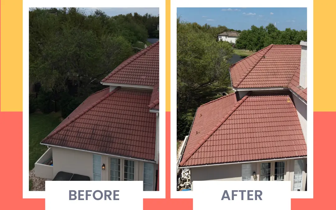 Metal tile roof before and after cleaning - darkened, weathered panels restored on an Austin home
