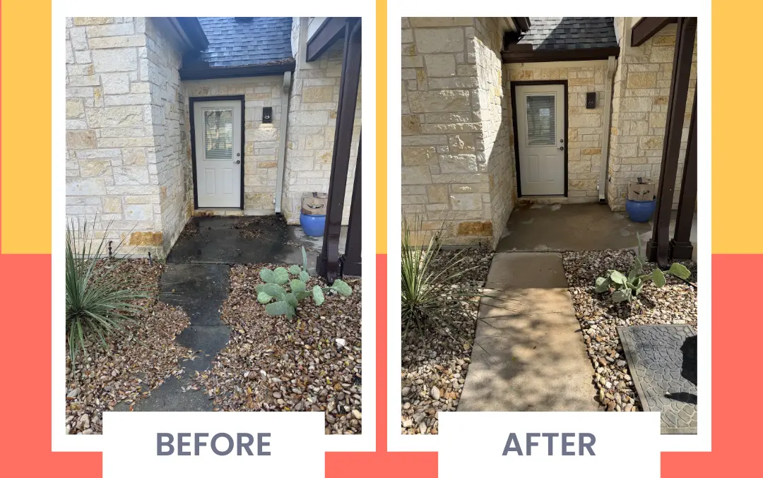 Limestone entryway and walkway before and after soft washing - darkened stone brought back to light