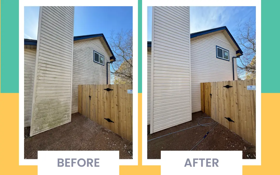 Vinyl siding before and after soft washing - green algae streaks removed from an Austin home