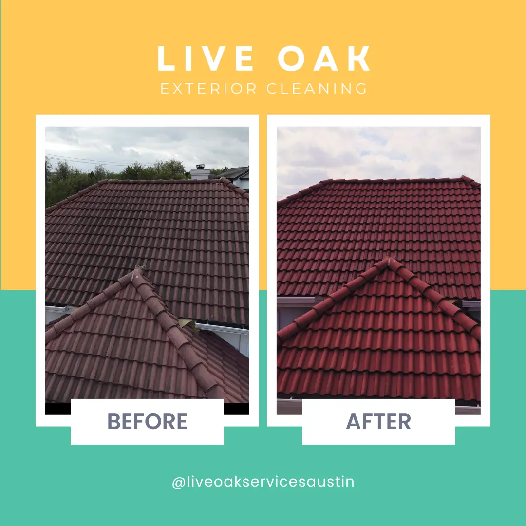 Clay tile roof before and after cleaning - darkened, algae-stained tile restored to deep red on an Austin home