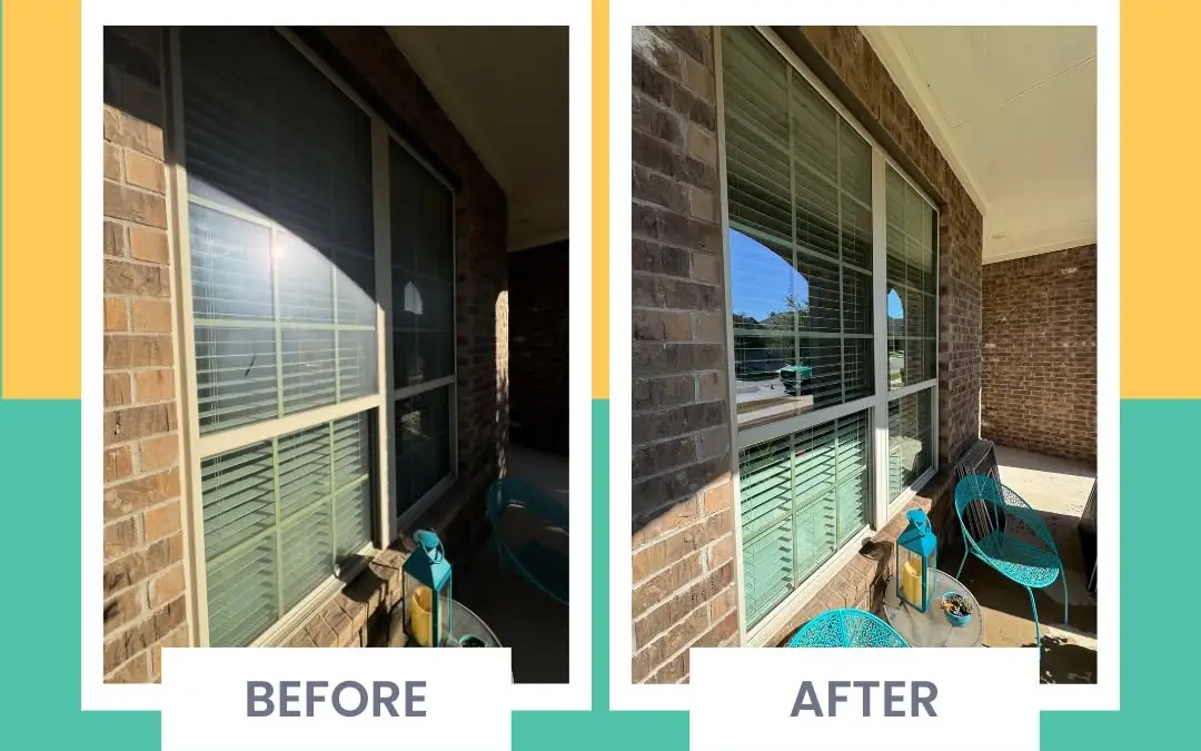 Exterior windows before and after cleaning on a brick home - clouded glass left clear